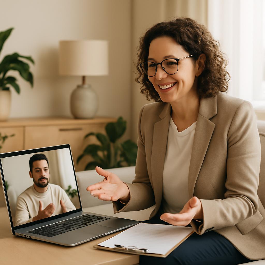 a woman in a beige blazer on a video call with a man on her laptop.
