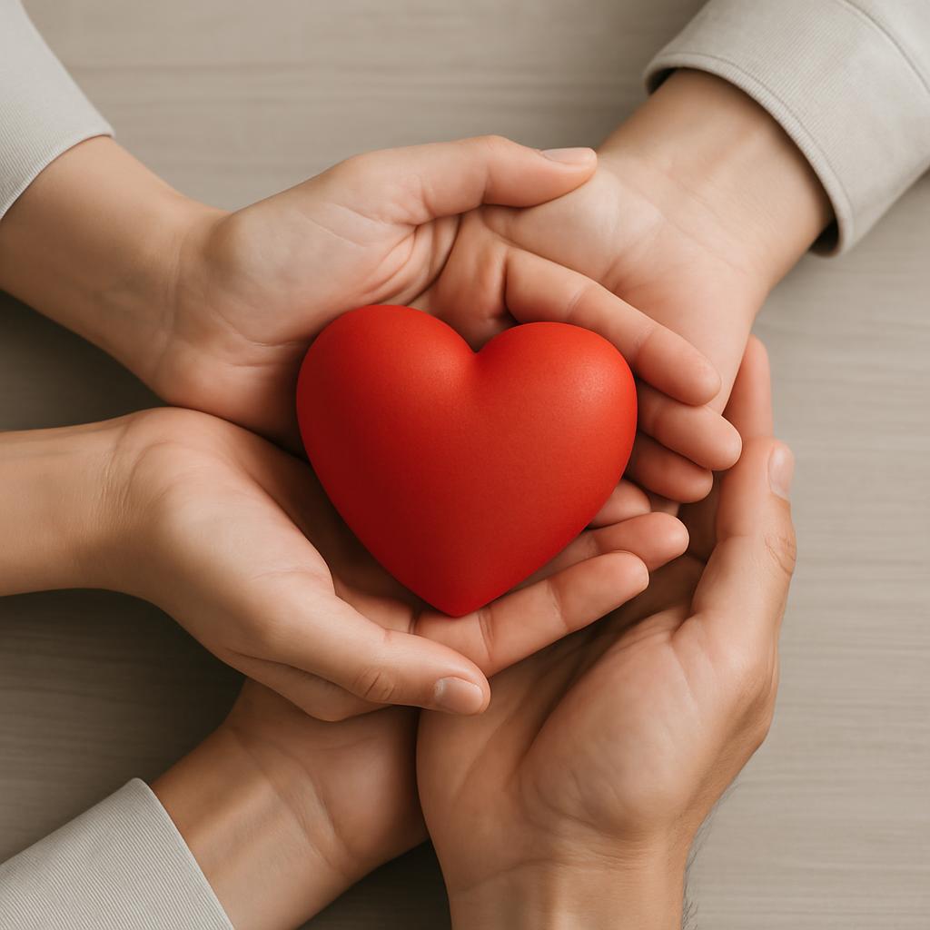 To illustrate the theme of generosity, the photographer captures two fair-skinned individuals clasping hands with one anot...