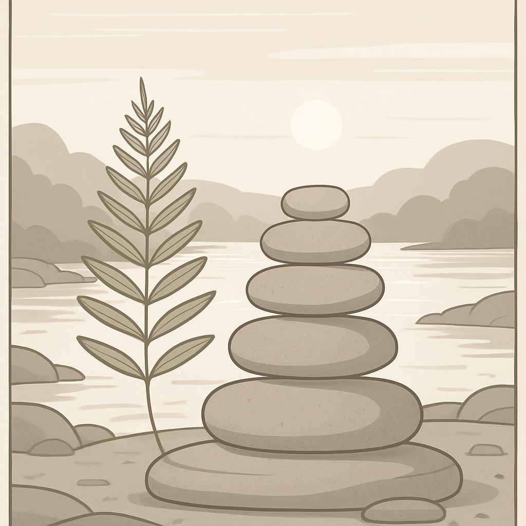 A serene landscape featuring a stack of rocks, a plant, and a body of water or lake under a cloudy sky. The scene is depic...