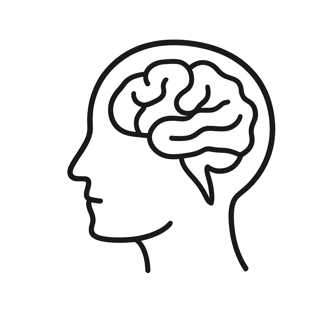 A simple line drawing of a human head in profile, with the brain highlighted in a darker outline around the outlines of th...
